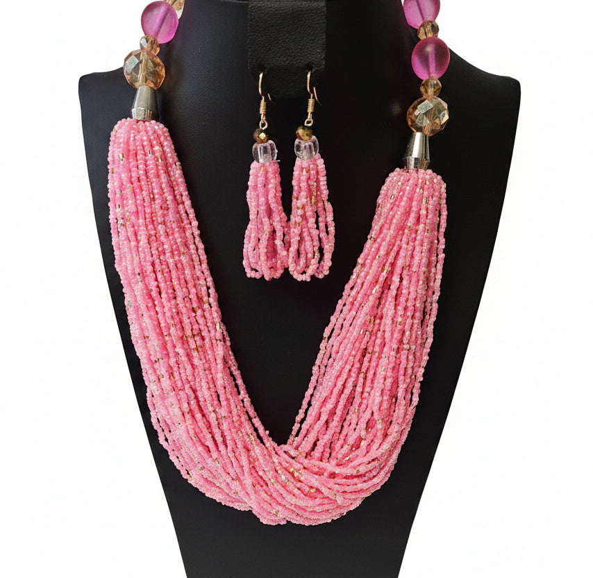 African Necklace Glass Beaded Tow Peice Set