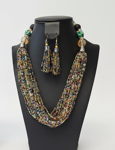 African Necklace Glass Beaded Tow Peice Set